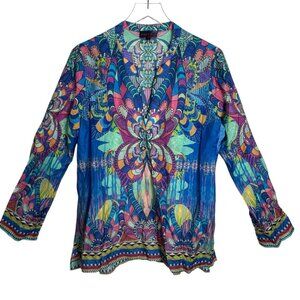 Hale Bob Keiko Boho Tunic Top Blouse Size Large Silk Cotton Multicolor Kaftan